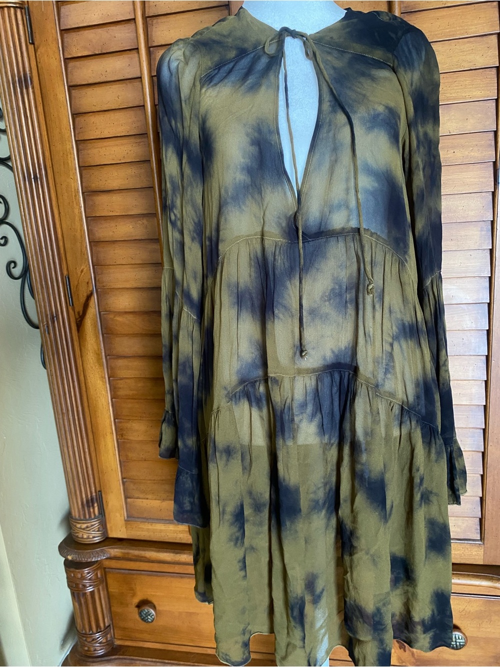 Young Fabulous & Broke Olive and Black Tie-Dye Long Sleeve Tiered Dress Sheer